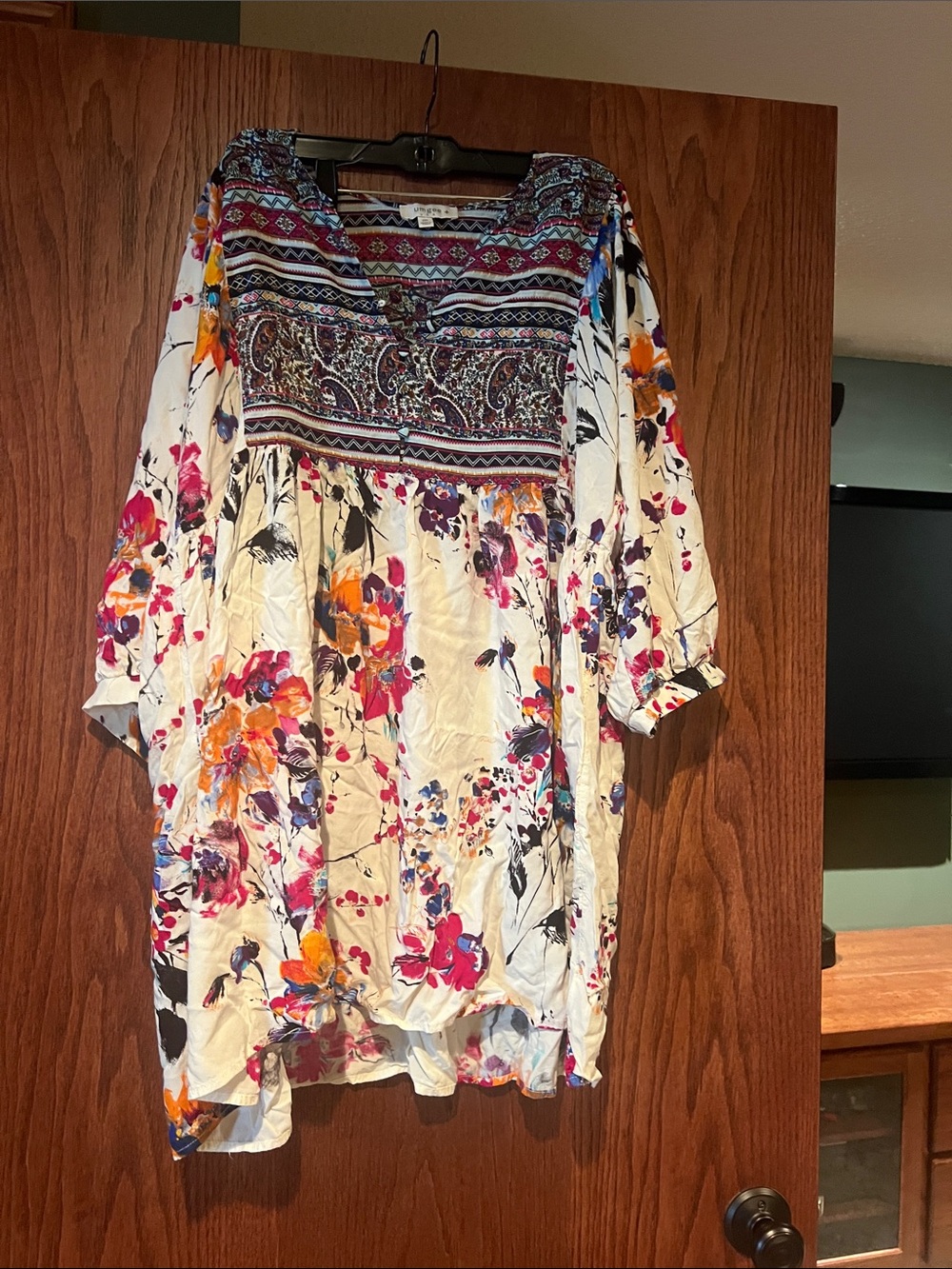 Floral Boho Peasant Top in White with Multicolor Print